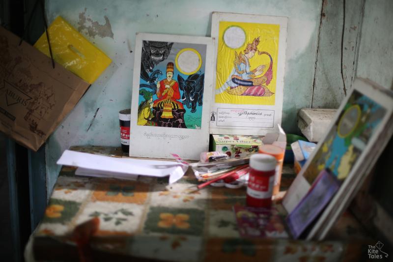 Pictures by artist Aye Myint at his studio in Amarapura