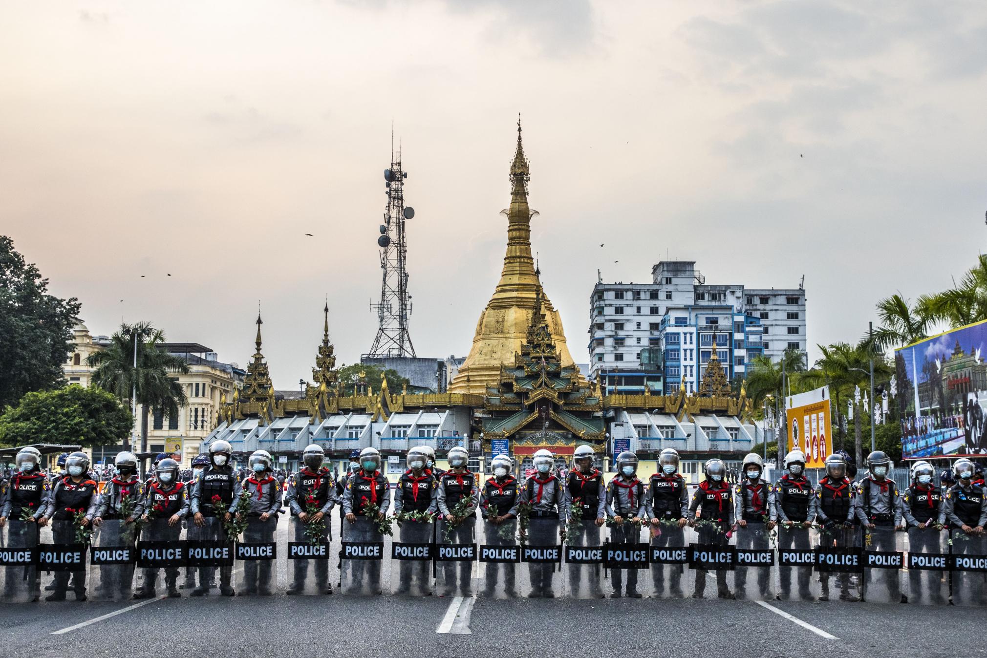 Myanmar police during the Yangon protests. Picture by Min Lwin Htet