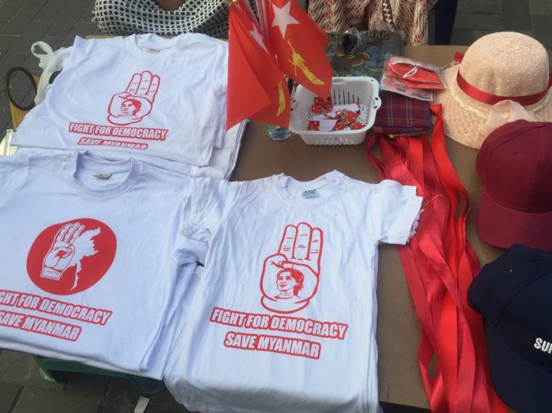 T-shirts and other items protesting the coup on sale in Yangon 